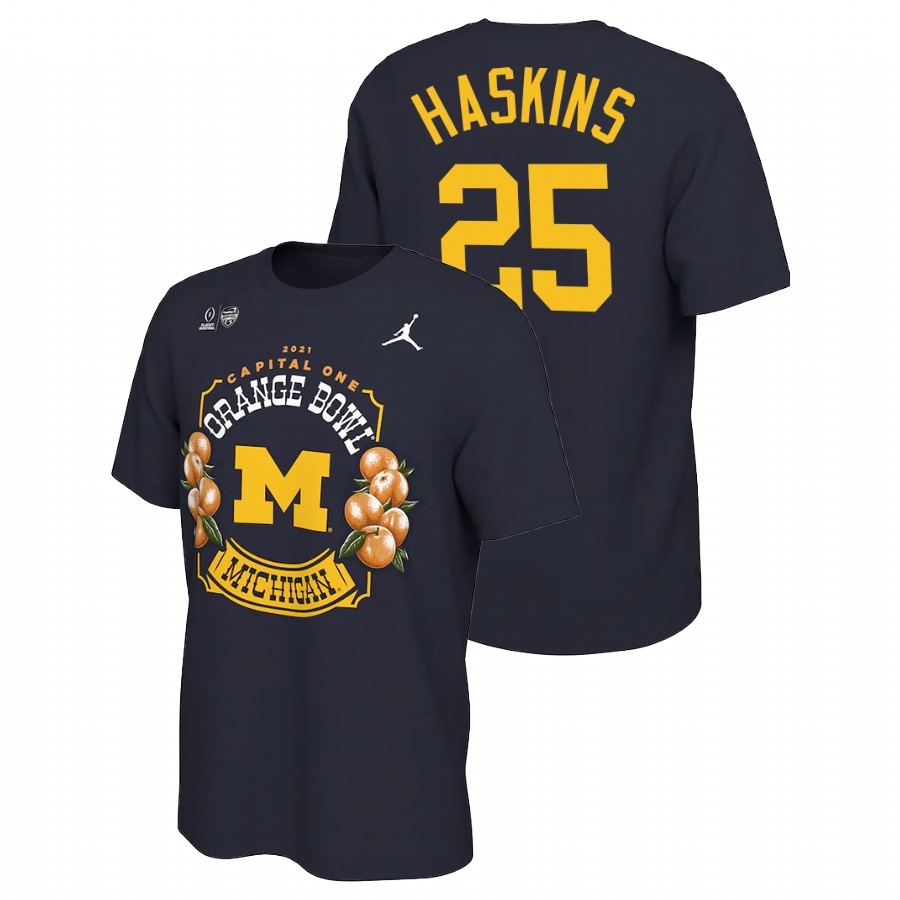 Michigan Wolverines Men's NCAA Hassan Haskins #25 Navy 2021 Orange Bowl Locker Room College Football T-Shirt QNZ4049DC